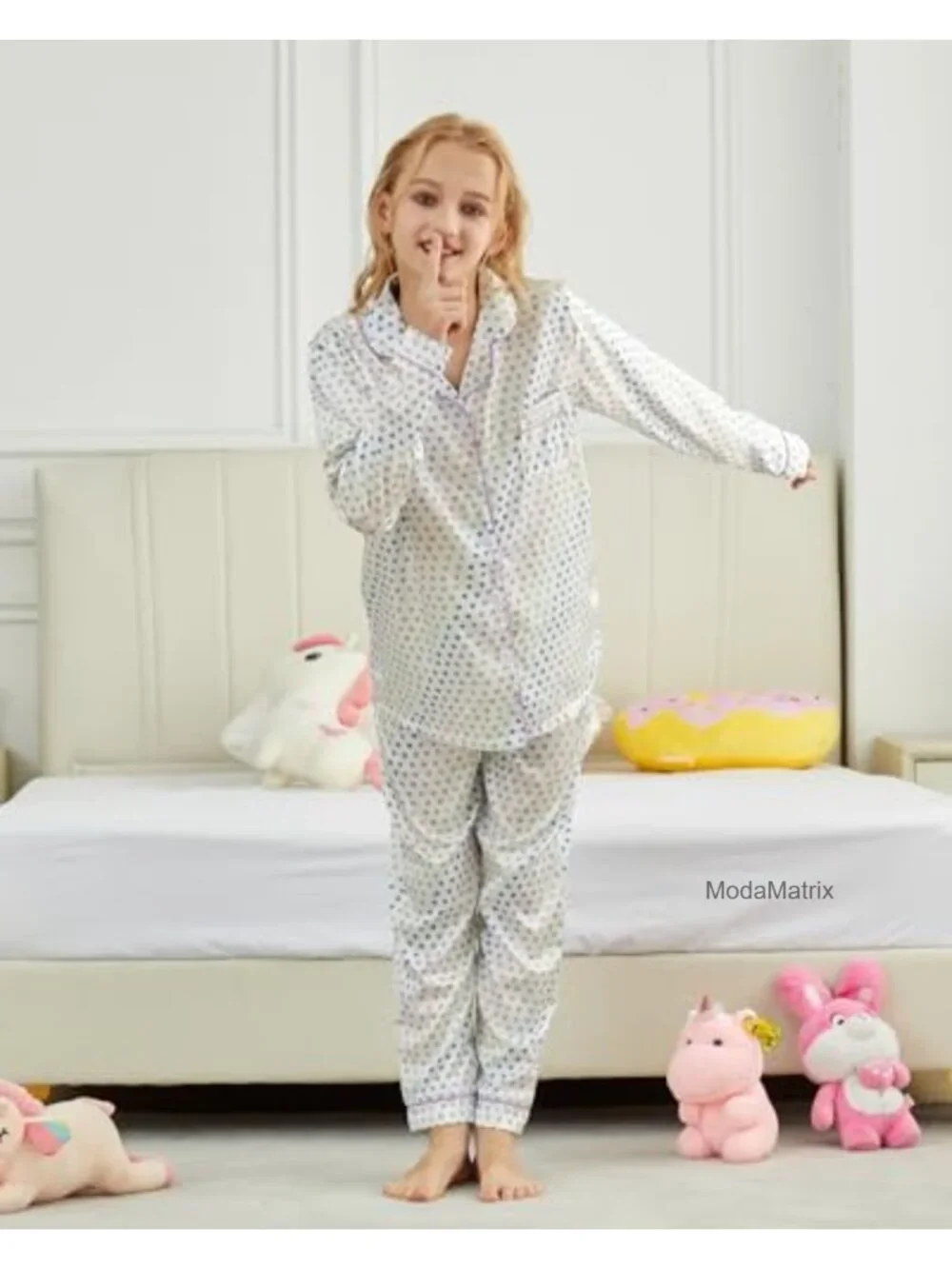 Girls Silk Satin Pajama Set Long Sleeve Button Down PJs 2 Piece Sleepwear